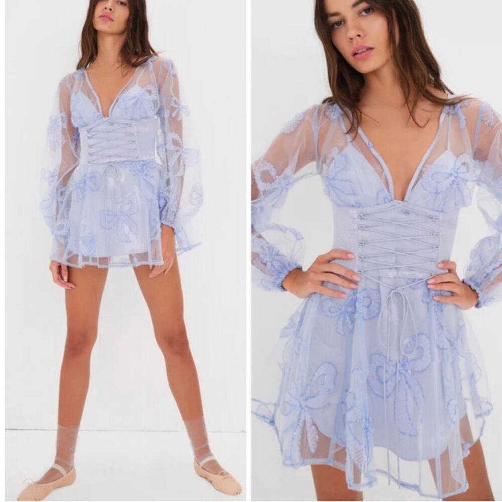 FOR LOVE & LEMONS Presley Long Sleeve Sequin Bow Sheer Mini Dress Size L